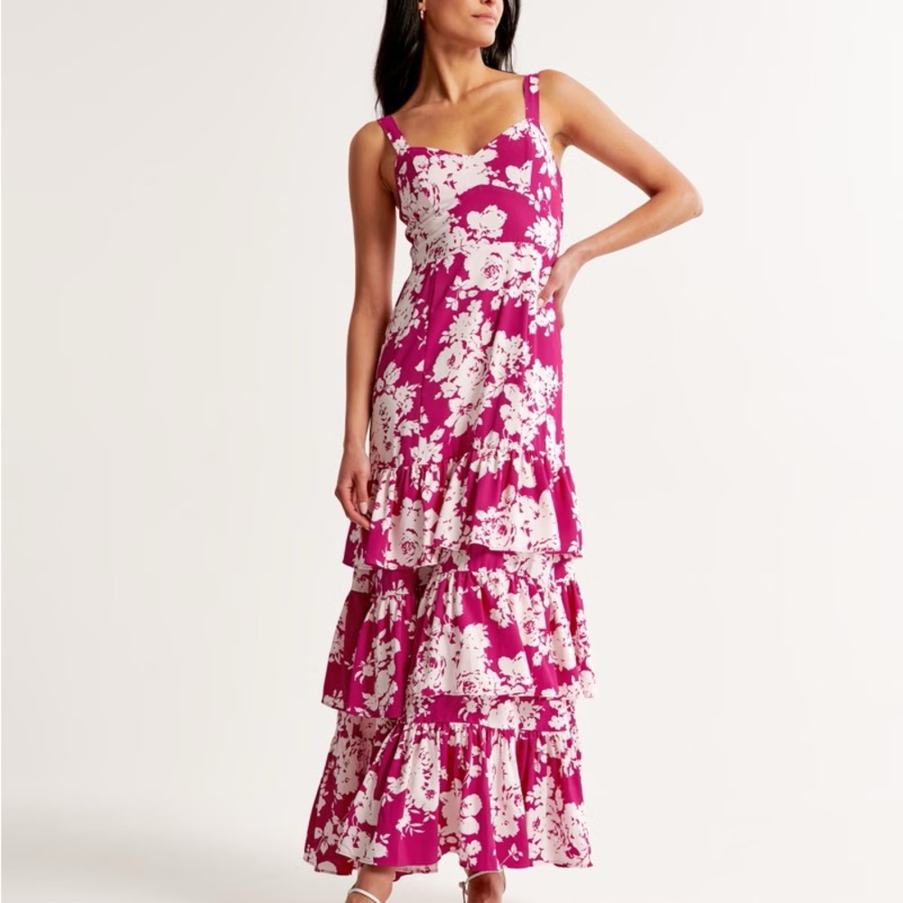 Abercrombie & Fitch Floral Pink Drama Ruffle T Maxi Dress NWT